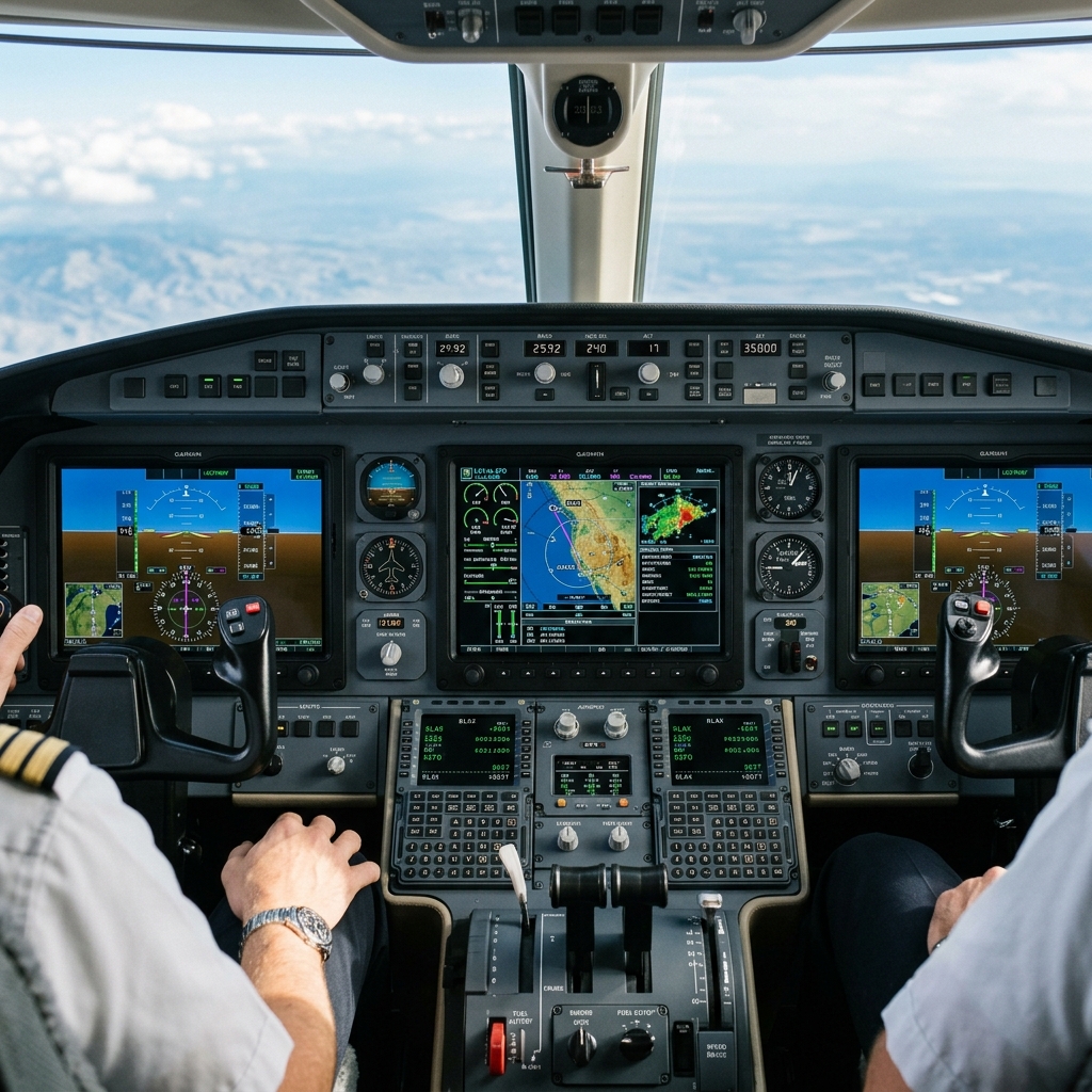 Cabina de mando con aviónica moderna y pantallas digitales